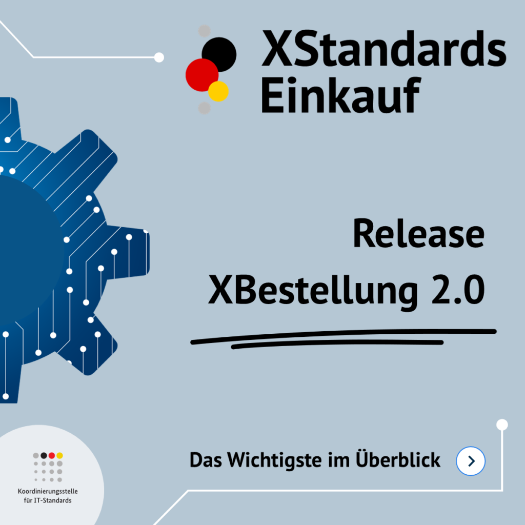Grafik der Koordinierungsstelle für IT-Standards (KoSIT) zur Veröffentlichung des Version 2.0 des Standards XBestellung. Links befindet sich ein dunkelblaues Zahnrad. Rechts steht in schwarzer Schrift folgender Text: Release XBestellung 2.0. Unten links befindet sich das Logo der KoSIT.